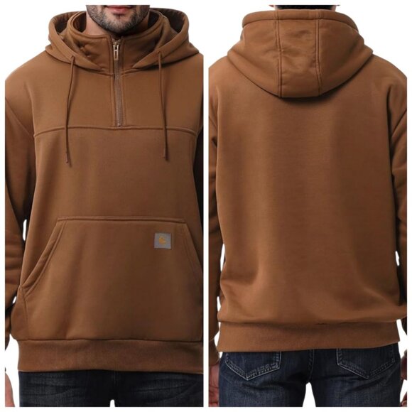 Men's Tuaova Hoodie Brown Quarter Zip Fleece Lined Size M No Hood Drawstring - Picture 2 of 9